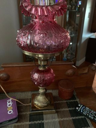 Unmarked 1990  S Fenton Art Glass Cranberry Cabbage Rose Electric Table Lamp