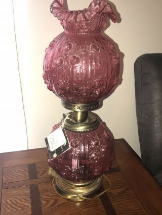 Fenton Glass Cranberry Cabbage Rose Gone With The Wind Lamp With Tags