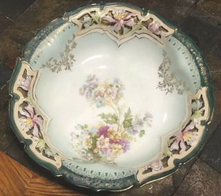 Antique Rs Prussia Porcelain Bowl Molded Ornate Edge Heavy Gilt Green Victorian
