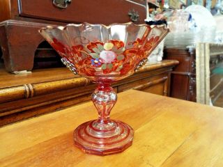 19th Century Moser Bohemian Ruby Stained & Enamel Floral Grapes Glass Compote