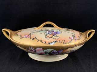 Antique Saxony China Art Nouveau Hand Painted Floral Gold Covered Serving Dish