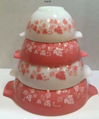 Vintage Pyrex Pink & White Gooseberry Cinderella Mixing Bowls 441 442 443 444