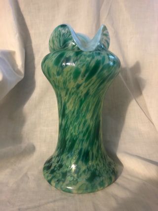 Antique Czech Or Loetz Art Glass Vase Green Mottled 10 "