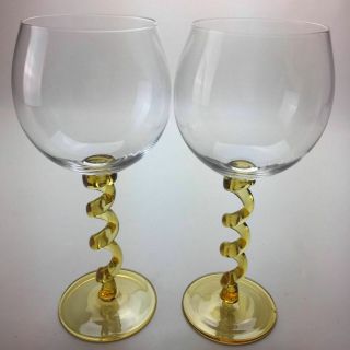 Union Street? Wine Glasses Yellow Curled Twisted Stem Large Glasses Stemware (2)