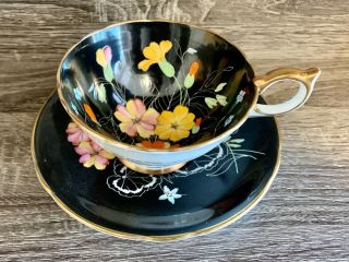 Rare Aynsley Tea Cup And Saucer Handpainted Flowers On Black Background