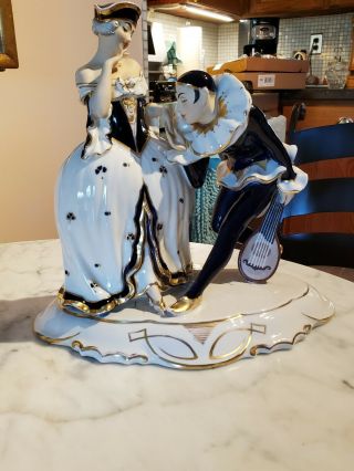 Antique Royal Dux Cobalt Blue Rococo Lady And Courting Poirot 11 " Figure