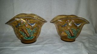 Antique Pair Victorian Moser Art Glass Vases Amber W/enameled Birds & Flowers