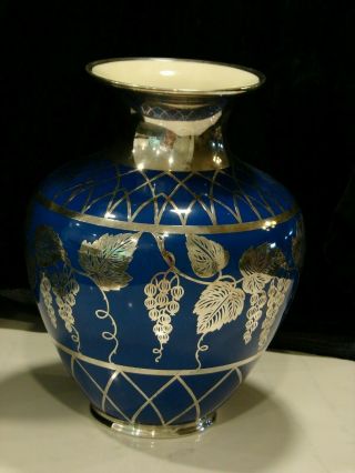 Huge 11.  5 " Manfred Veyhl Pluderhausen Silver & Cobalt Blue Thomas Germany Vase