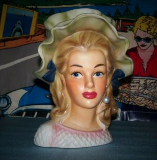 Shabby Hat Enesco Lg 7 " Lady Head Vase Head Vtg Hair Bows Blonde Blue Eyes Euc