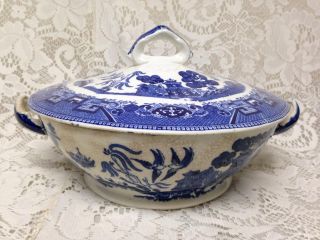 Antique 1911 Buffalo Pottery,  Blue Willow Round Soup Bowl - Tureen10.  5inx8.  5inx6in