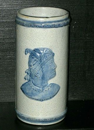 Antique Old Sleepy Eye Chief Flemish Blue Salt Glaze Stoneware Vase 8.  5