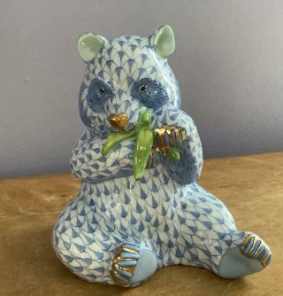 Herend Figurine Blue Fishnet Panda Bear Eating Bamboo 15348 5 " Retail $570