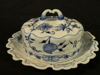 Rococo Antique Meissen 8 " Round Covered Butter Dish - Blue Onion Pattern