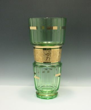 Massive Vintage Moser Art Glass Vase Faceted W/ Classic Gold Frieze Soldiers