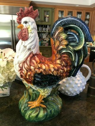 Stunning Large Italian Hand Painted Ceramic Rooster From Italy Deruta 4 Cottura