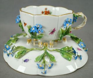 Meissen Hand Painted Blue Floral Encrusted Tea Cup & Saucer Circa 1860 - 1924