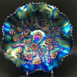 Northwood Antique Carnival Glass Blue Good Luck Bowl It 