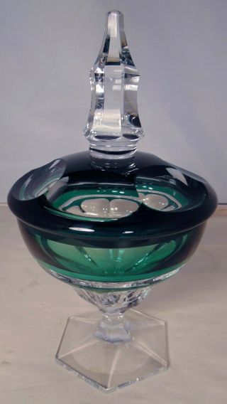 Val St Saint Lambert Emerald Green Cut To Clear Crystal Candy Dish Covered Bowl