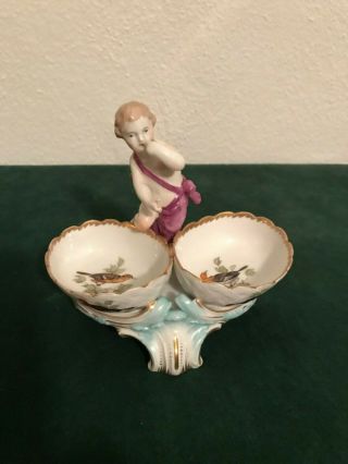Antique Kpm Hand Painted Porcelain Double Salt With Central Cherub Figure