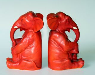 Pair Czech Elephant Bookends Figures Porcelain Animal German Chrome Orange Glaze