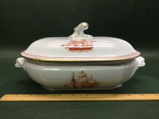 Vtg Spode Trade Winds Red Gold Trim Oval Covered Vegetable Bowl With Lid