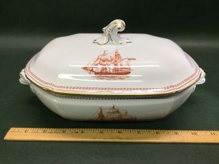 Vtg Spode Trade Winds Red Gold Trim Oval Covered Vegetable Bowl with Lid 2
