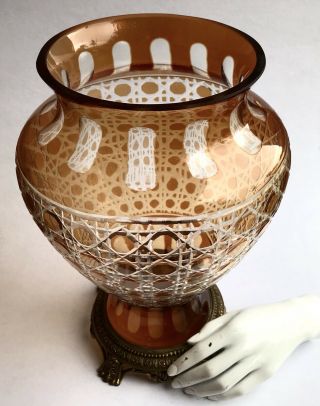 Large Victorian Bohemian Cut To Clear Amber Glass Vase With Brass Ormolu Base