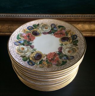 11 Vintage Thomas Bavaria Gold Encrusted Plates Lush Floral Roses Pattern Exc