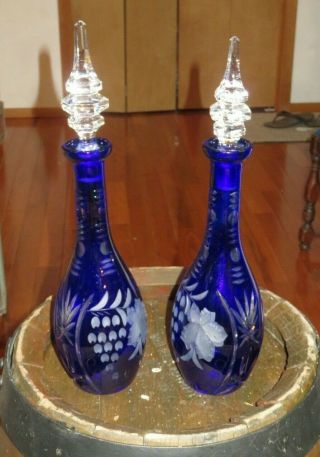 Stunning Cobalt Blue Crystal Cobalt Cut To Clear Mid Century Decanters