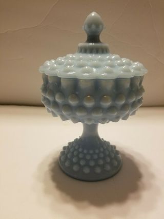Vintage Fenton Blue Hobnail Milk Glass Wedding Pedastal Candy Dish Compote