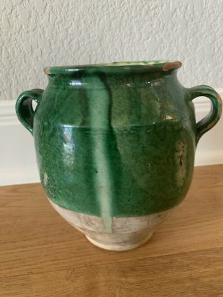 Antique French 7.  5” Confit Pot Green Glaze Two Handled Jar