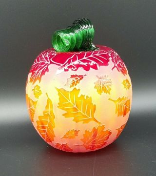 Hand Carved Blenko Glass Pumpkin With Fall Leaves