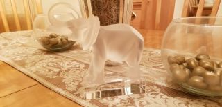 Lalique Clear & Frosted Crystal Trunk - Up Elephant Paperweight Figurine