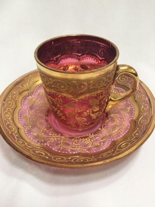Rare Moser Cranberry Demitasse Cup & Saucer With Ornate Gold Raised Details