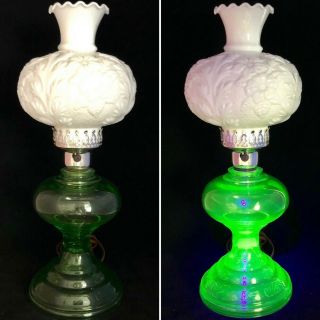 Vintage Uranium Green Vaseline Glass 19 " Electric Lamp Milk Glass Chimney