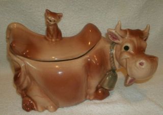 Vintage 1940s Brush Mccoy Art Pottery Cow Cookie Jar With Cat On Lid Marked W10