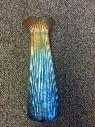 Lundberg Studios Art Glass Blue And Gold Sunset Vase 10 " Tall