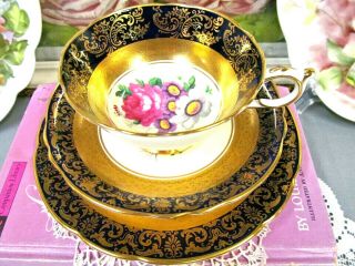 Paragon Tea Cup And Saucer Cobalt Blue Pink Rose Teacup Gold Gilt Work Teacup