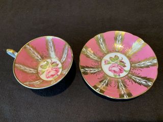 Paragon F176D Pink Cabbage Rose Tea Cup and Saucer Set Heavy Gold Rim 7
