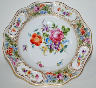 Fine Carl Thieme Dresden Hand Painted Floral & Gold Reticulated 10 " Bowl.
