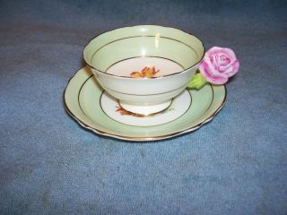 Pastel Green Double Warrant Queen Paragon Rose Handle Tea Cup Saucer A1093/8