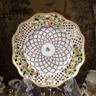 Antique Reticulated Carl Thieme Dresden Hand Painted Floral & Rose Gilt Plate
