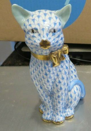 Herend Porcelain Figure Sitting Cat Blue Fishnet Pattern