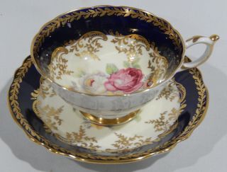 Paragon Pink Rose Bouquet Cup & Saucer Cobalt Extensive Gold Filigree C1938 - 1952