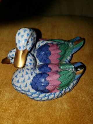 Herend Blue Fishnet Ducks Porcelain Figurine 24k Gold Trim,
