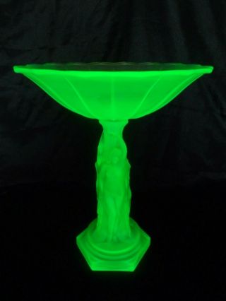 Art Deco Walther & Sohne Green Vaseline Uranium Glass Three Graces Centrepiece