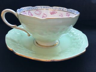 Antique Paragon Fortune Telling Teacup And Saucer Set In Green C.  1935