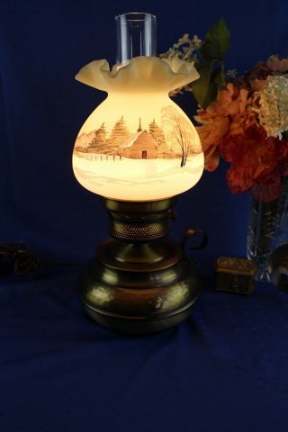 Fenton Colonial Hammered Brass Lamp Hand Painted " Winter Church Scene " Signed S.