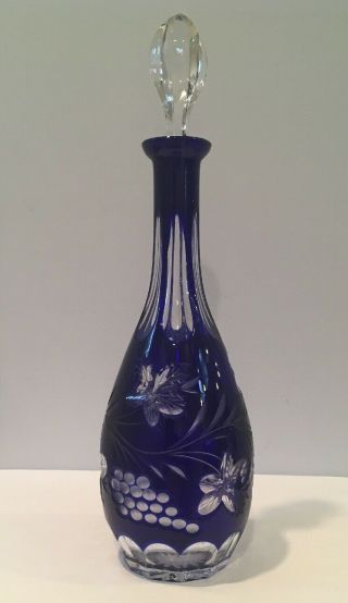 Vtg Bohemian Czech Crystal Cobalt Blue Cut To Clear Wine Decanter 15 " W Stopper