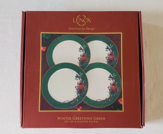Cardinal Dinner Plates Lenox Winter Greetings Green Band Christmas Set Of 4